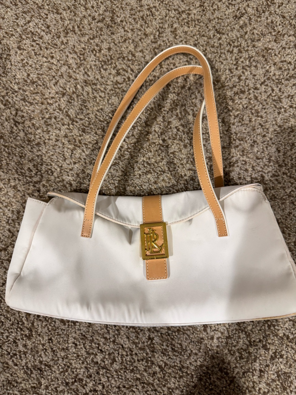 White Ralph Lauren Purse with Tan Handles and Gold Snap